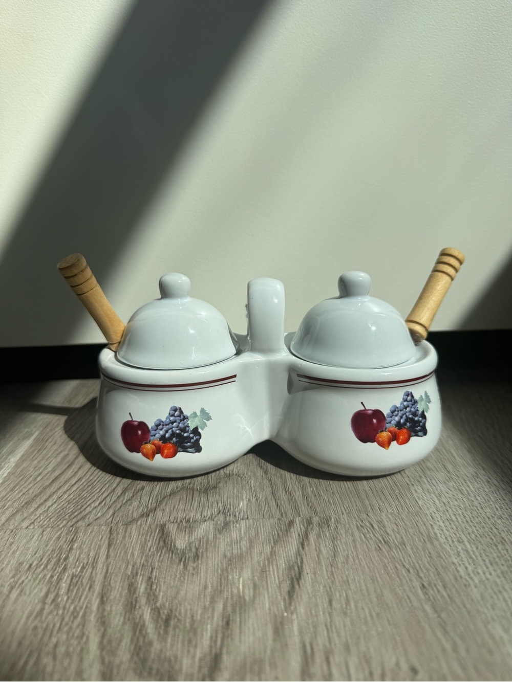 Vintage Antique Double Ceramic Jam Pot Set with Fruit Motif